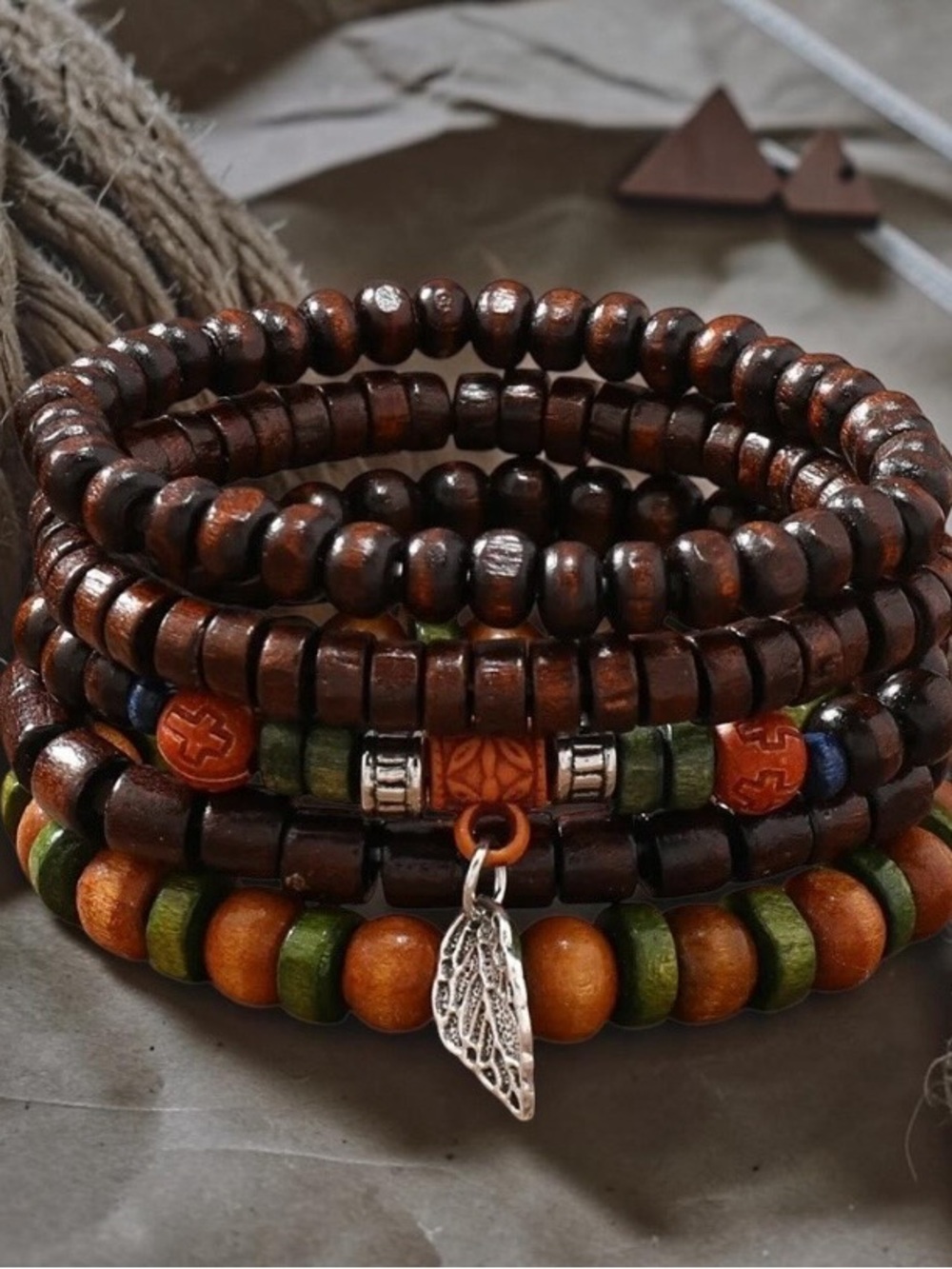 Boho Multi-Strand Wood Bead Bracelet - Brown, Green & Orange